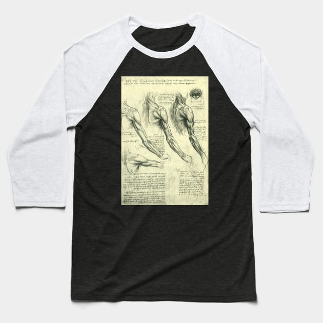 Human Anatomy Arm and Shoulder by Leonardo da Vinci Baseball T-Shirt by MasterpieceCafe